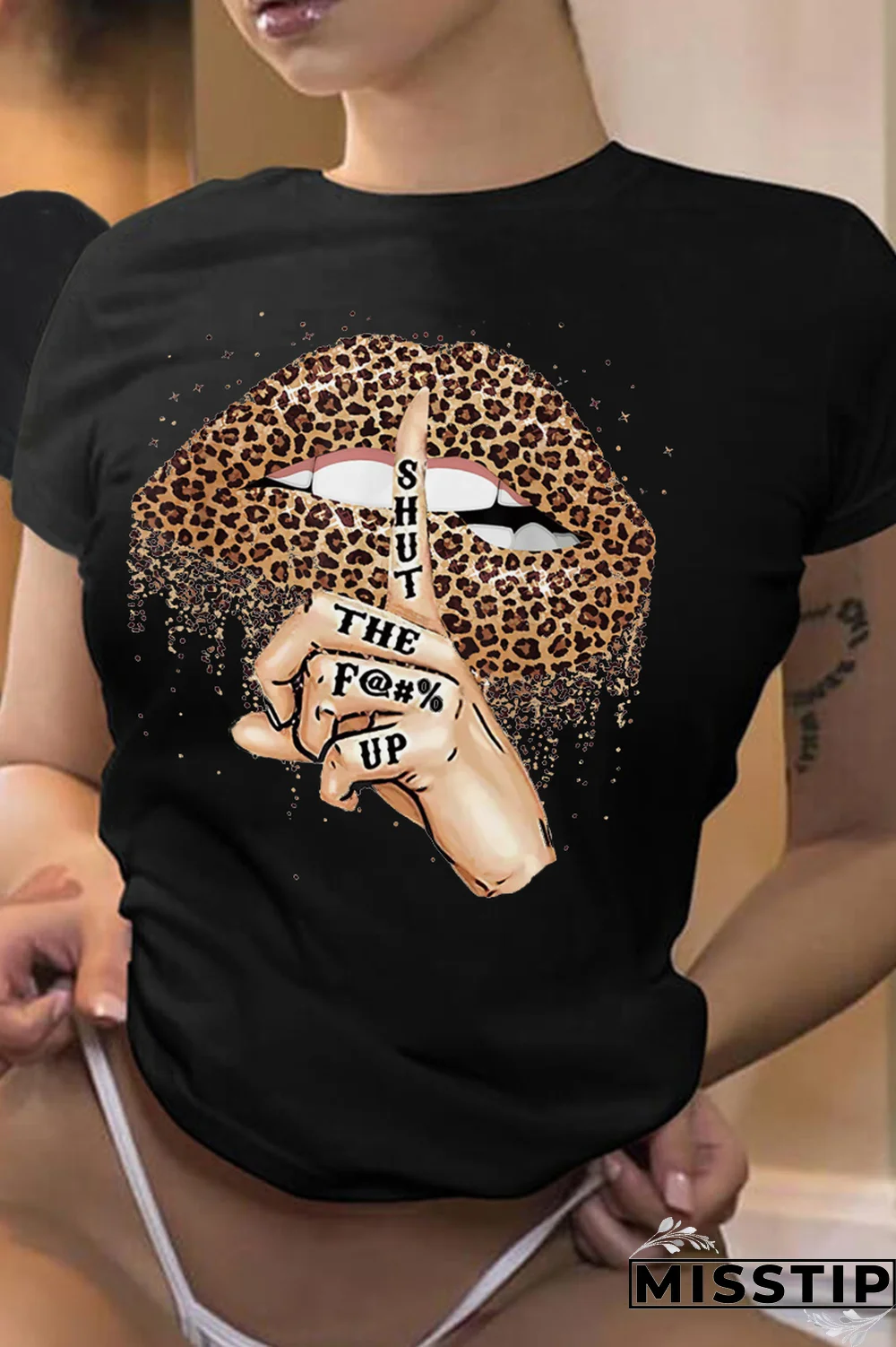 Orange Street Lips Printed Patchwork O Neck T-Shirts