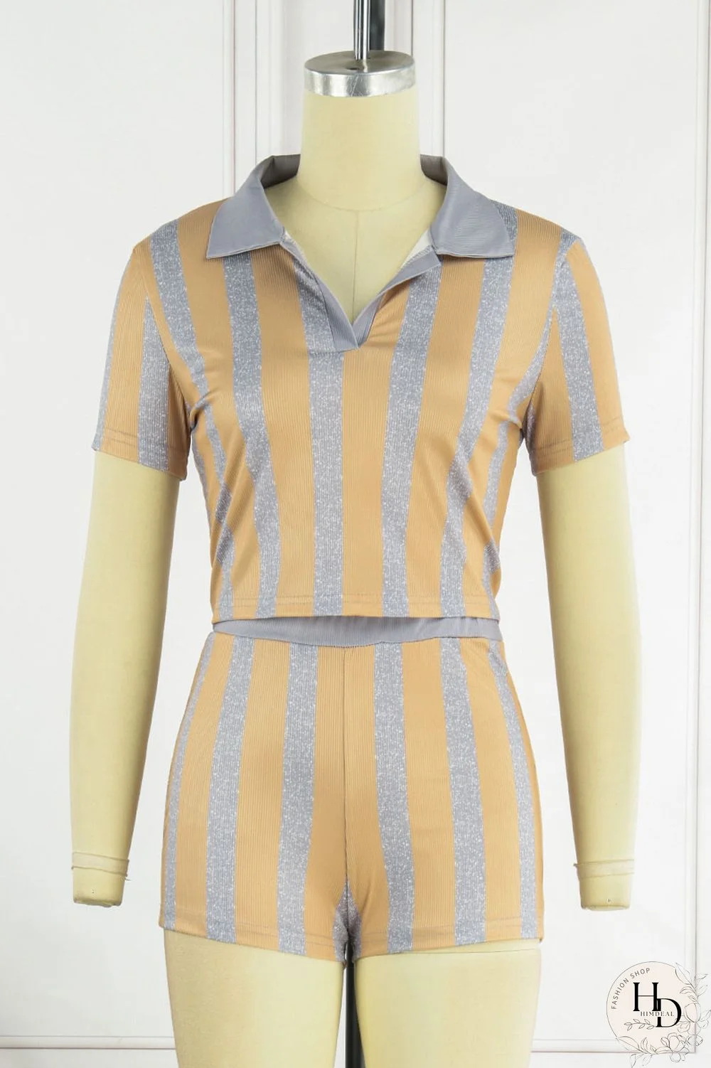 Brownness Sexy Striped Print Bandage Patchwork Backless Turndown Collar Short Sleeve Two Pieces