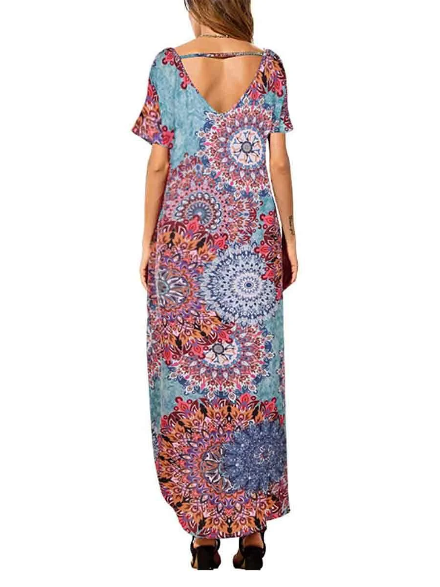 Round Neck Short Sleeves Bohemia Pattern High Slit Floral Dress