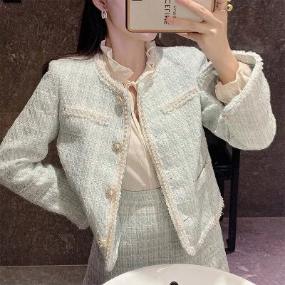 Brownm Runway 2021 Autumn Winter 2 Piece Set Elegant Plaid Tweed New Temperament Beading Jacket coat + tassel MIni Skirt Suit
