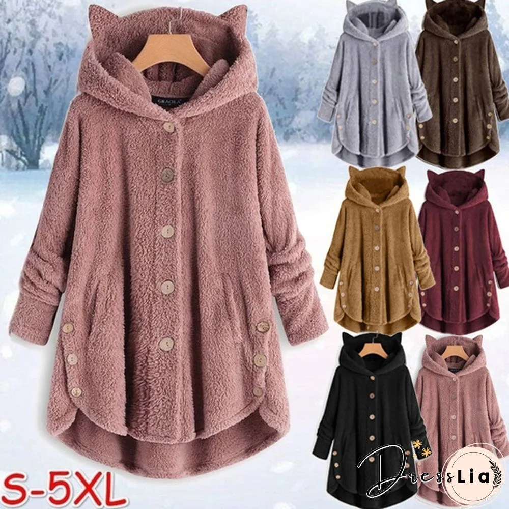 Fashion Women Coats Autumn Winter Outwear Tops Solid Color Plush Loose Cute Cat Ears Warm Fur Cardigan Coat with Pocket Plus Size S-5XL