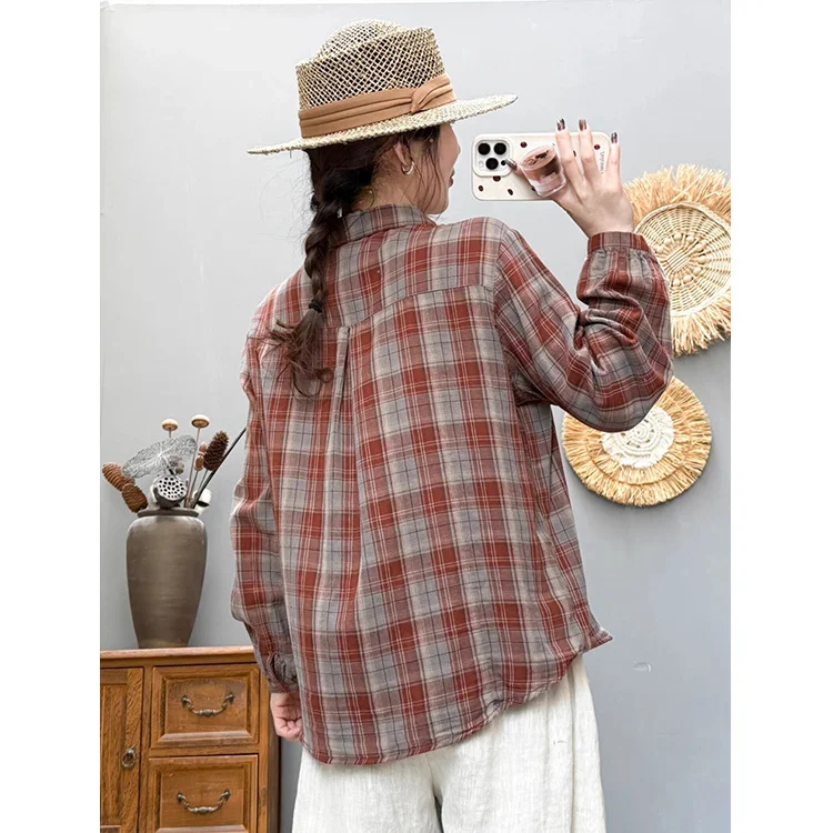Athvotar Athvotar Spring And Autumn New Art Retro Long-Sleeved Shirt Women Loose Leisure Shirt Shirt Double Cotton Yarn Plaid