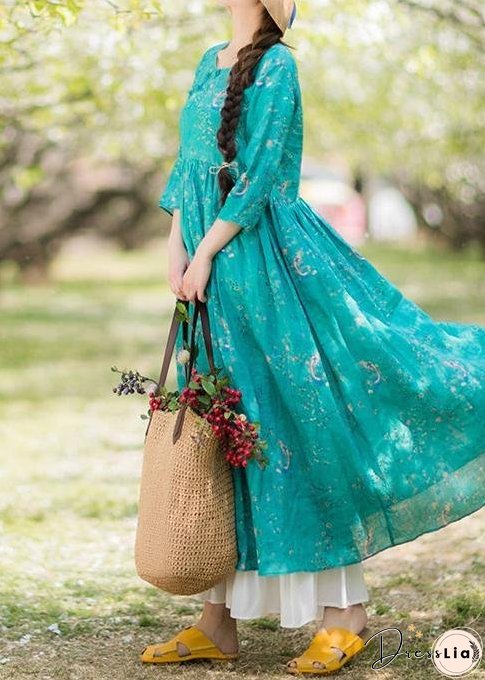 Women Green Print dresses O-Neck Patchwork A Line Spring Dresses