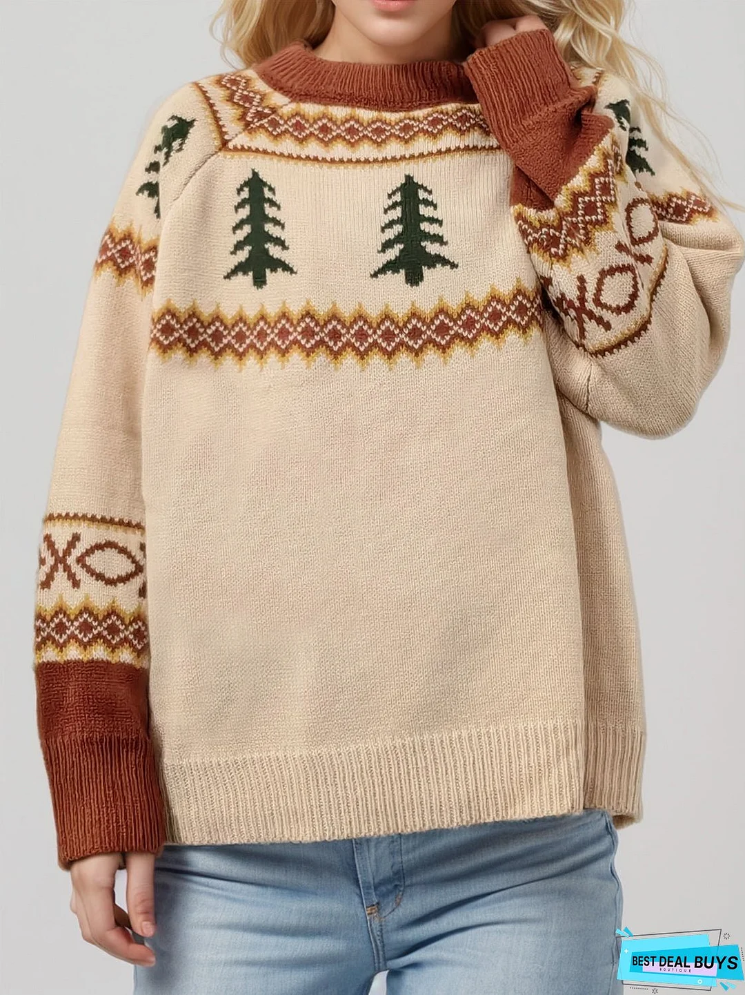 Graphic Round Neck Long Sleeve Sweater