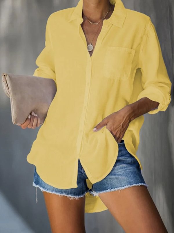 Simple Buttoned Solid Color Long Sleeves Lapel Blouses Tops