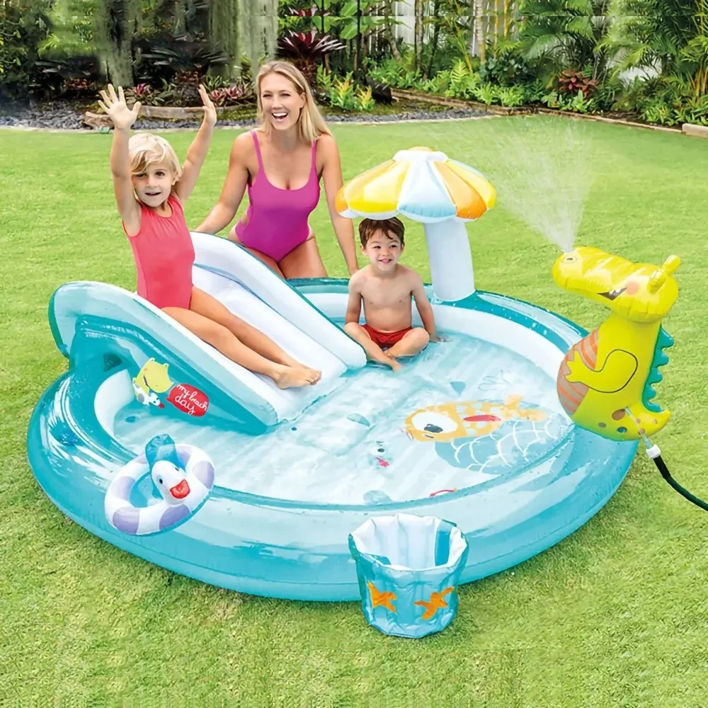 Inflatable Pool Play Center with Slide for Kids Garden Backyard 80″x68″x35″、、sdecorshop