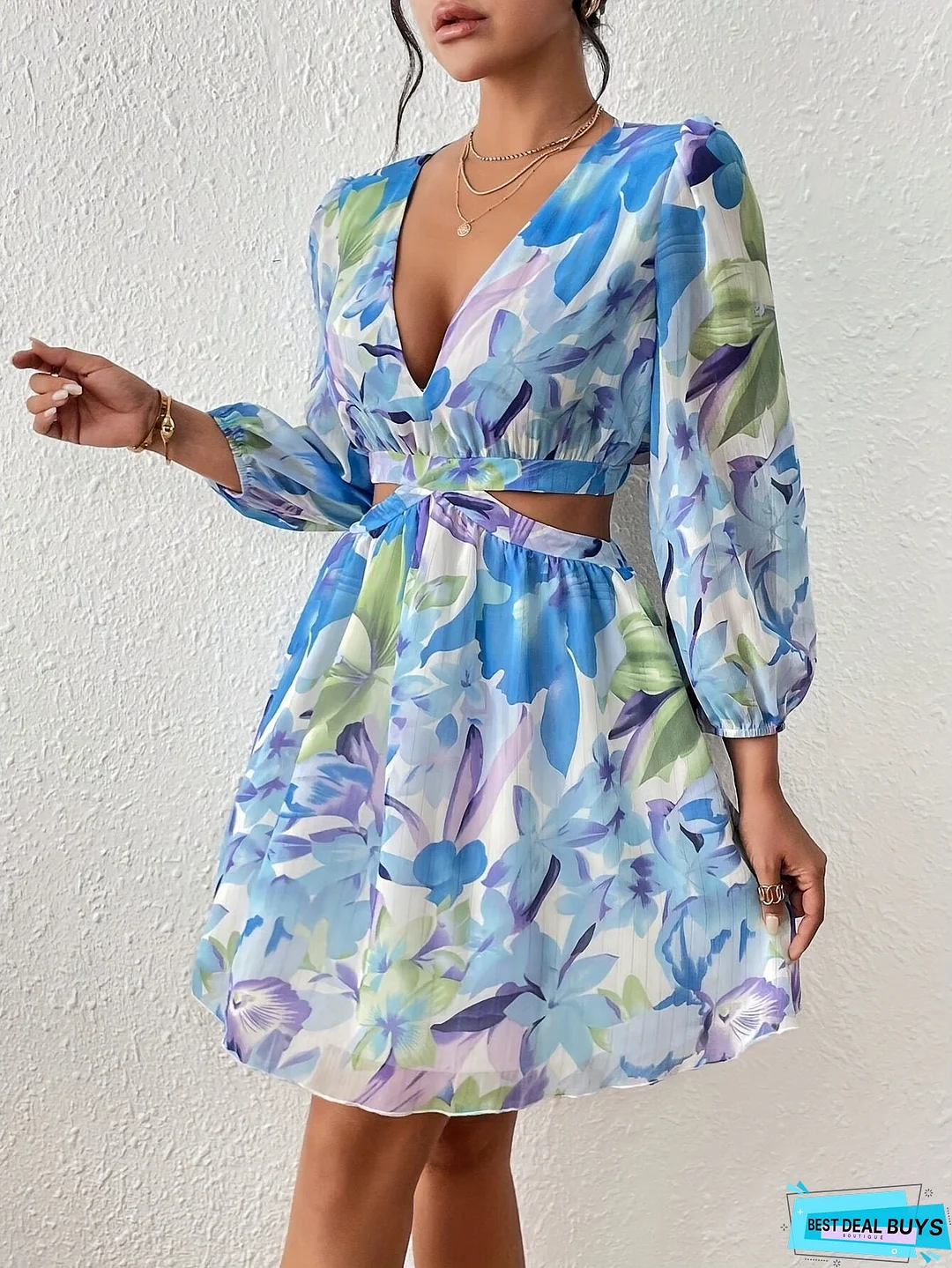 Floral Print Cut Out Dress, Elegant V-neck Lantern Sleeve Dress For Spring & Fall, Women's Clothing
