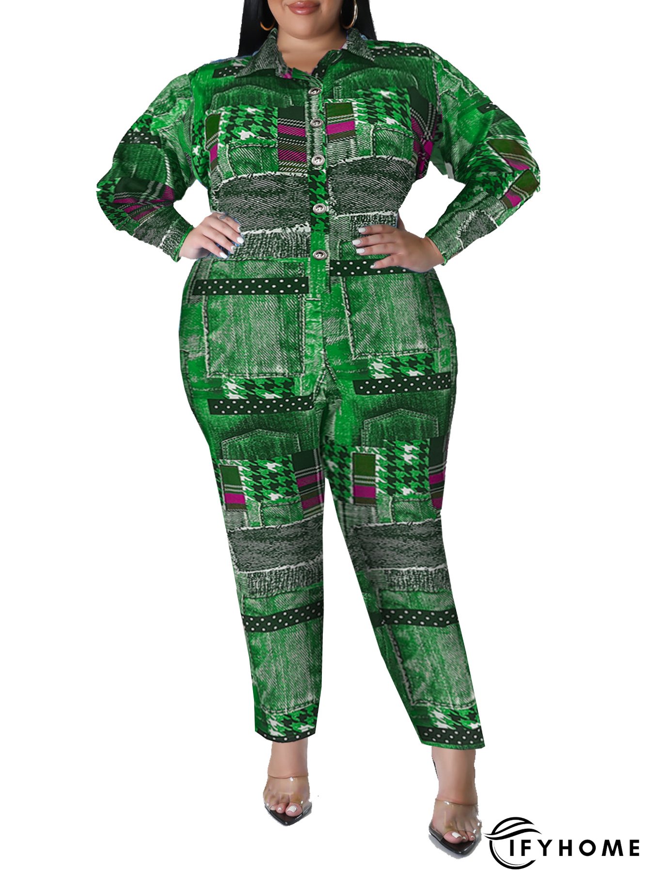 Plus Size Women's Fall Print Long Sleeve Jumpsuit | IFYHOME