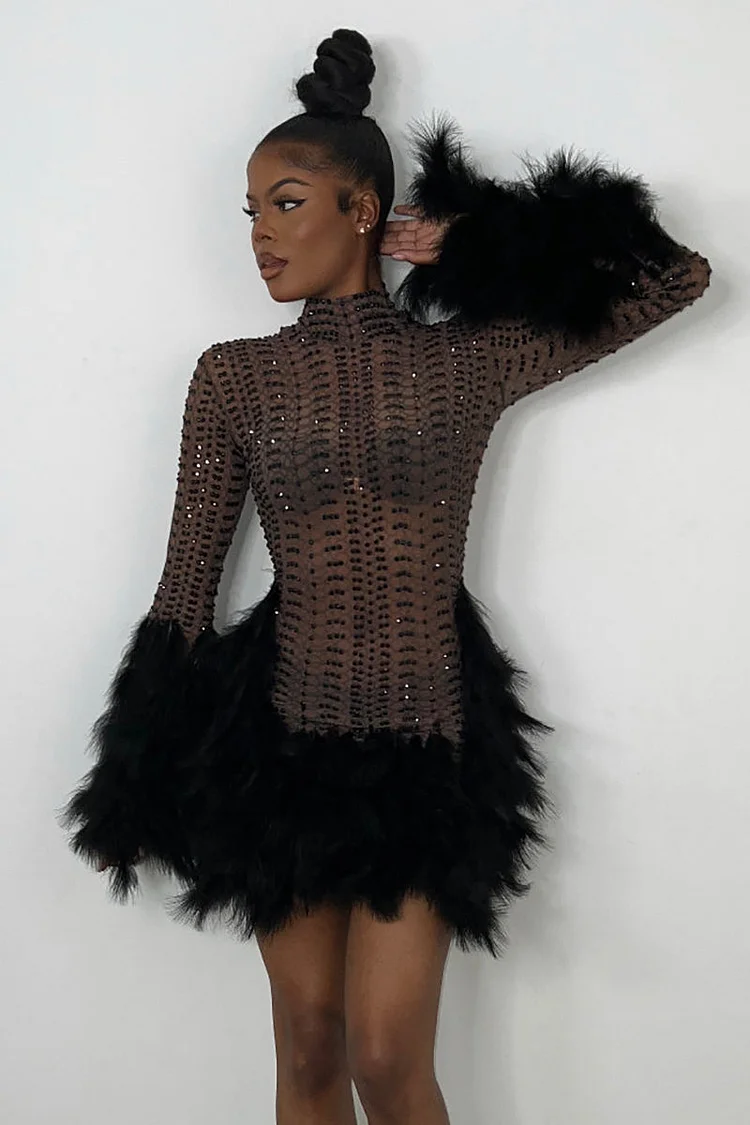 Sheer Sequins Higher Neck Feather Long Sleeve Birthday Party Mini Dresses 