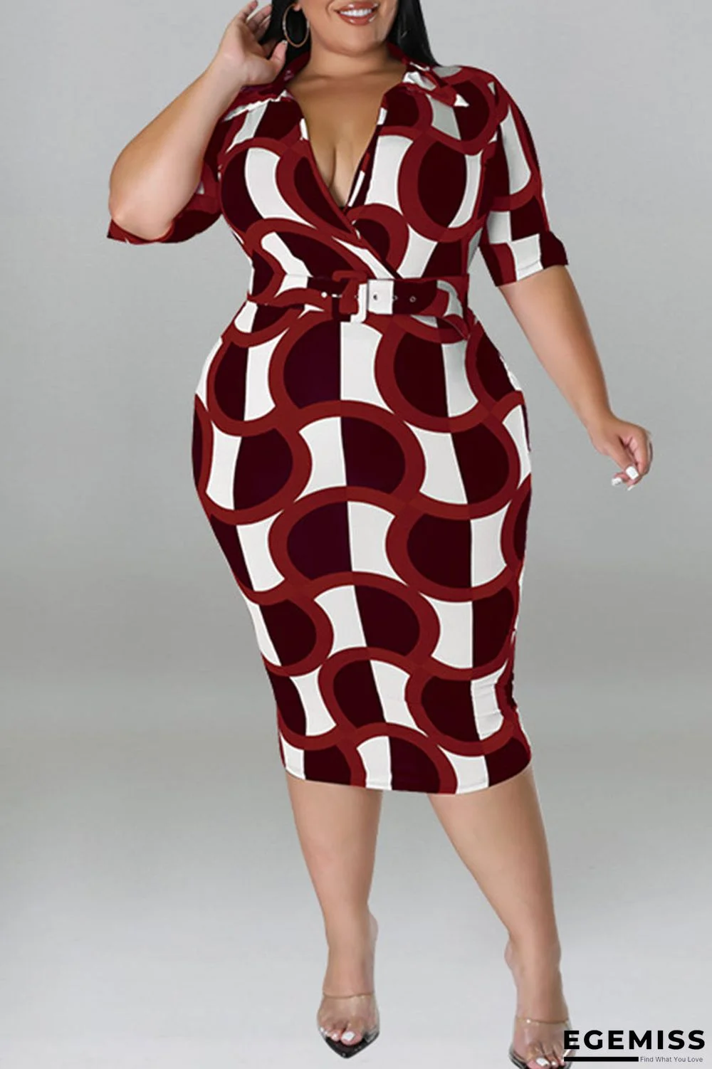 Burgundy Casual Print Patchwork V Neck One Step Skirt Plus Size Dresses | EGEMISS