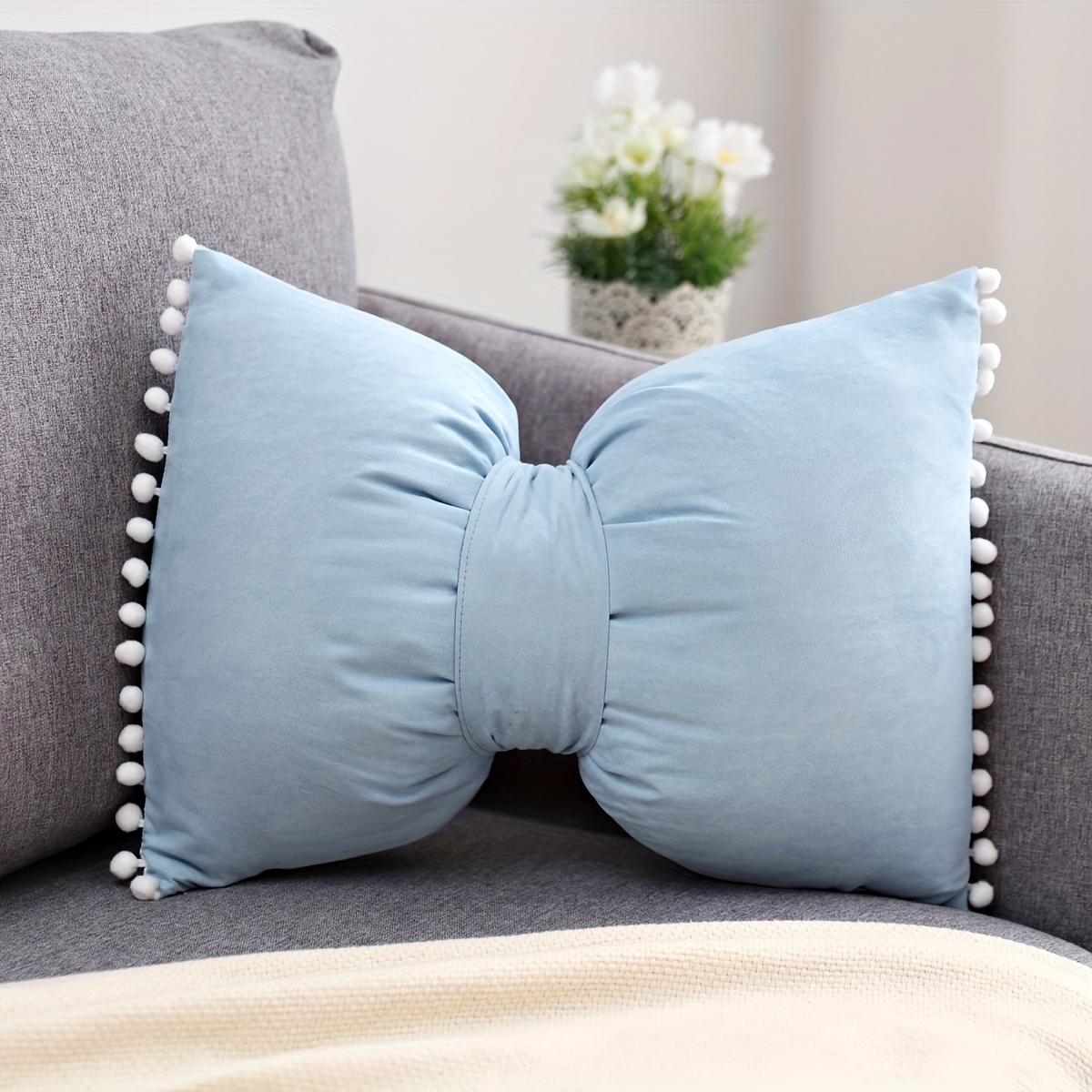 1pc Luxurious Faux Suede Fuzzy Pom Pom Bow Throw Pillow Cover - Soft, Removable, and Machine Washable Design - Perfect for Elevating Bedroom, Sofa, and Living Room Decor with Vibrant Colors and Textures - 12x20 Inches