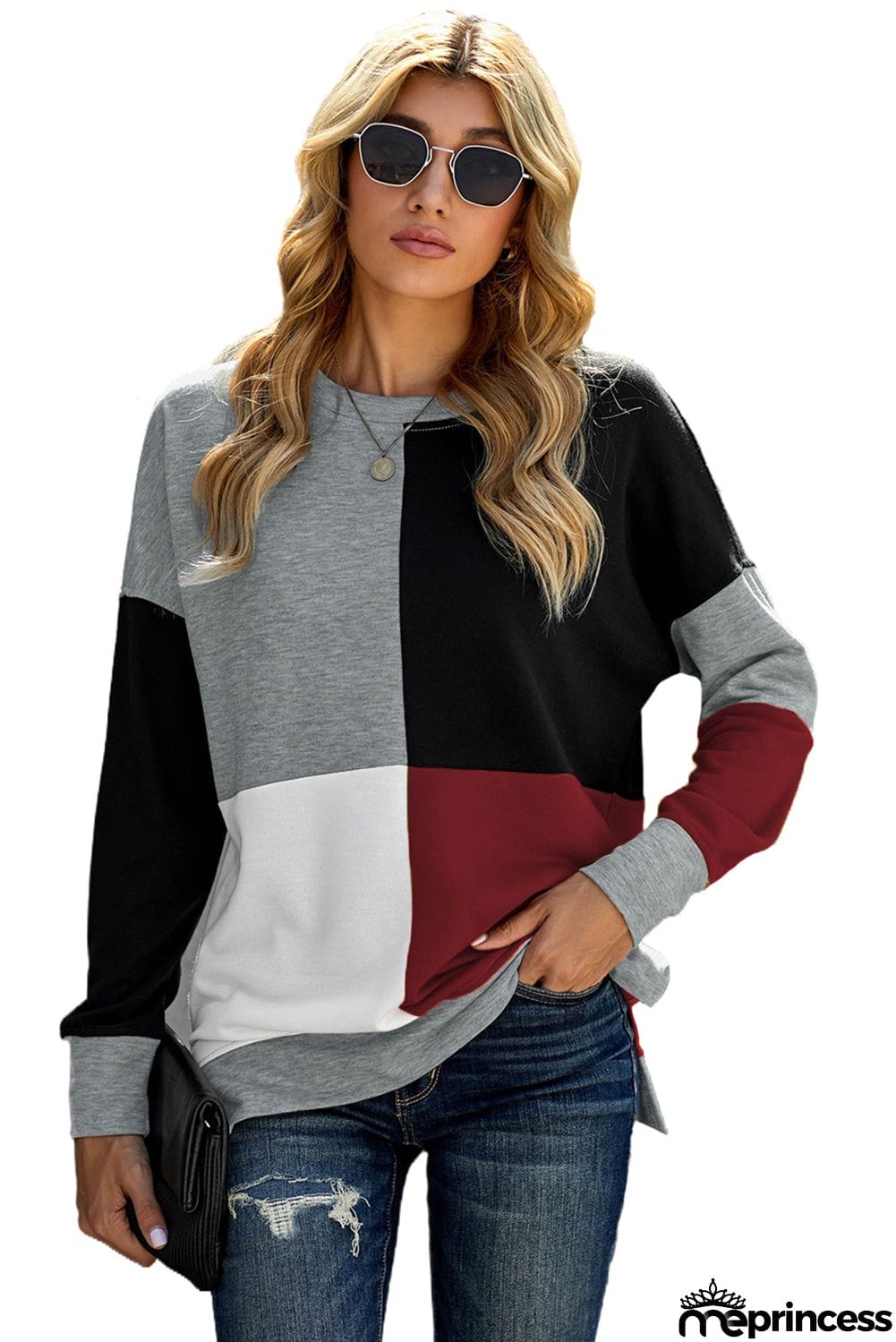 Color Block Round Neck Long Sleeves Pullover Sweatshirt