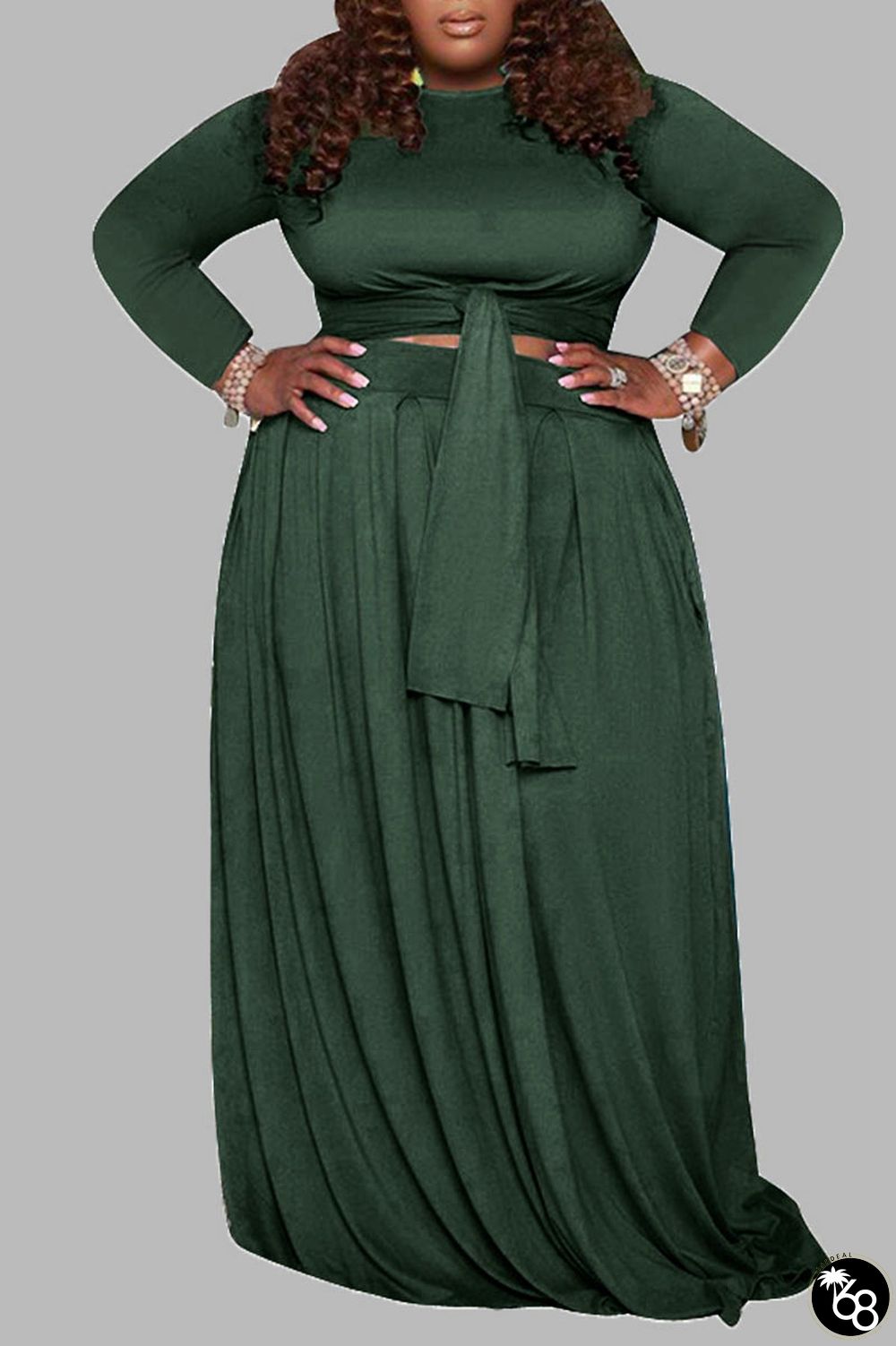 Green Casual Solid Bandage Patchwork O Neck Plus Size Two Pieces | 168DEAL