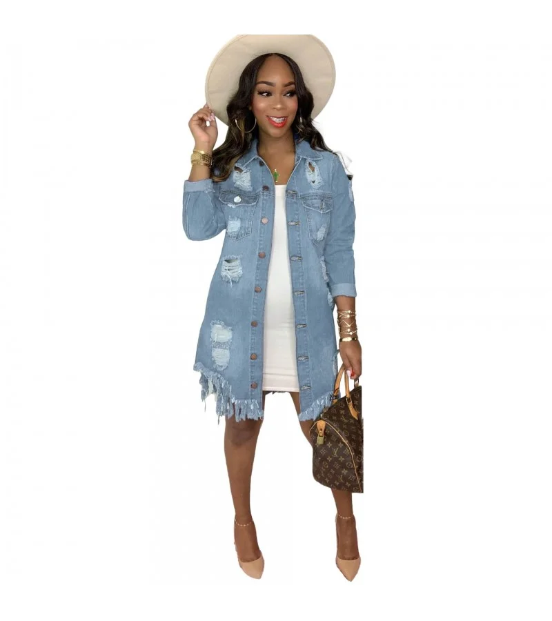 Women Lapel Fashion Single Breasted Hollow Out Ripped Denim Coat S-XXL