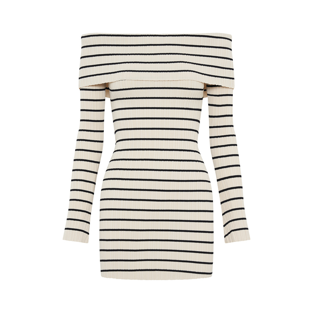 Ootddress Striped Knit Sweater Mini Dress For Women Bandeau Backless Elegant Fashion Summer Contrast Party Dress Knitwear Mini Dress