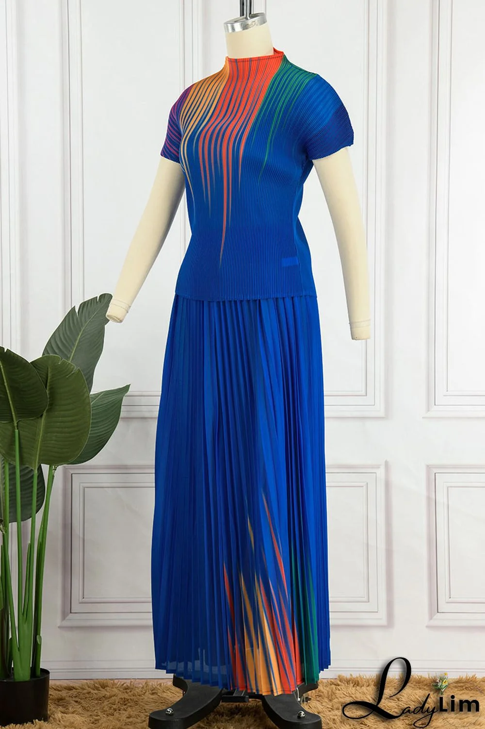 Apricot Casual Elegant Gradual Change Print Patchwork Fold O Neck Short Sleeve Two Pieces