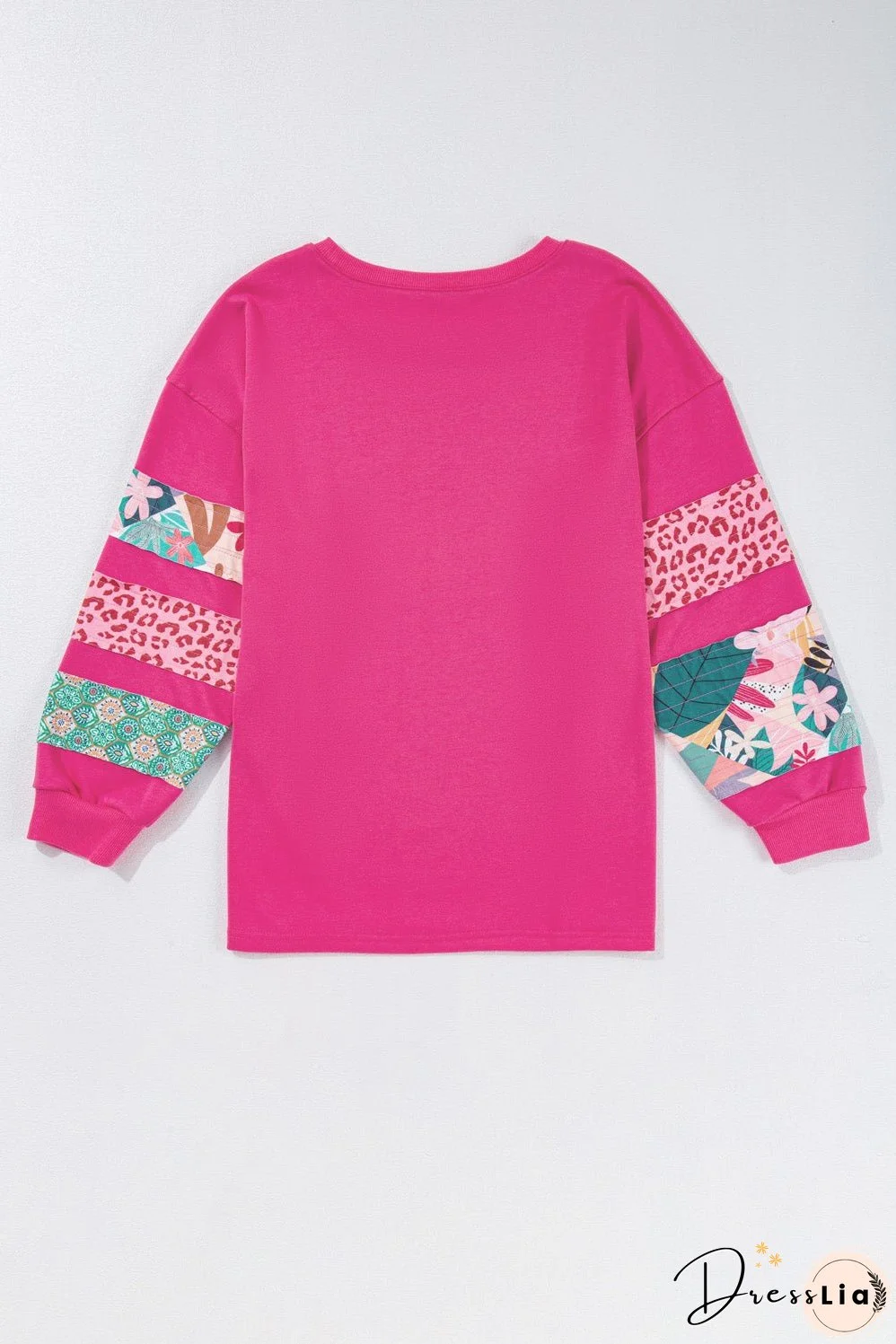 Rose Red Plus Size Printed Patchwork Sleeve Split Sweatshirt