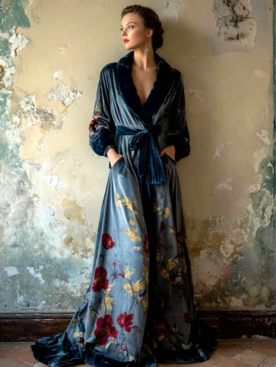Artistic floral print kimono robe, autumn/winter long robe with sash.