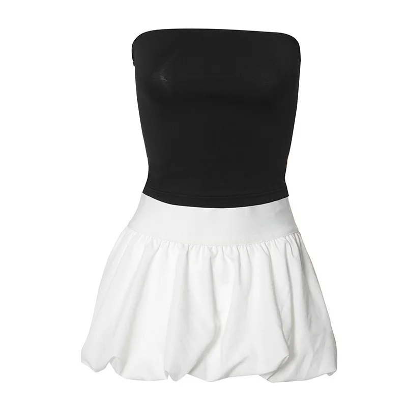 Uveng Uveng Women's Summer New Sexy Sleeveless Braed Vest Stimal Bubble Skirt Two-Sleeve