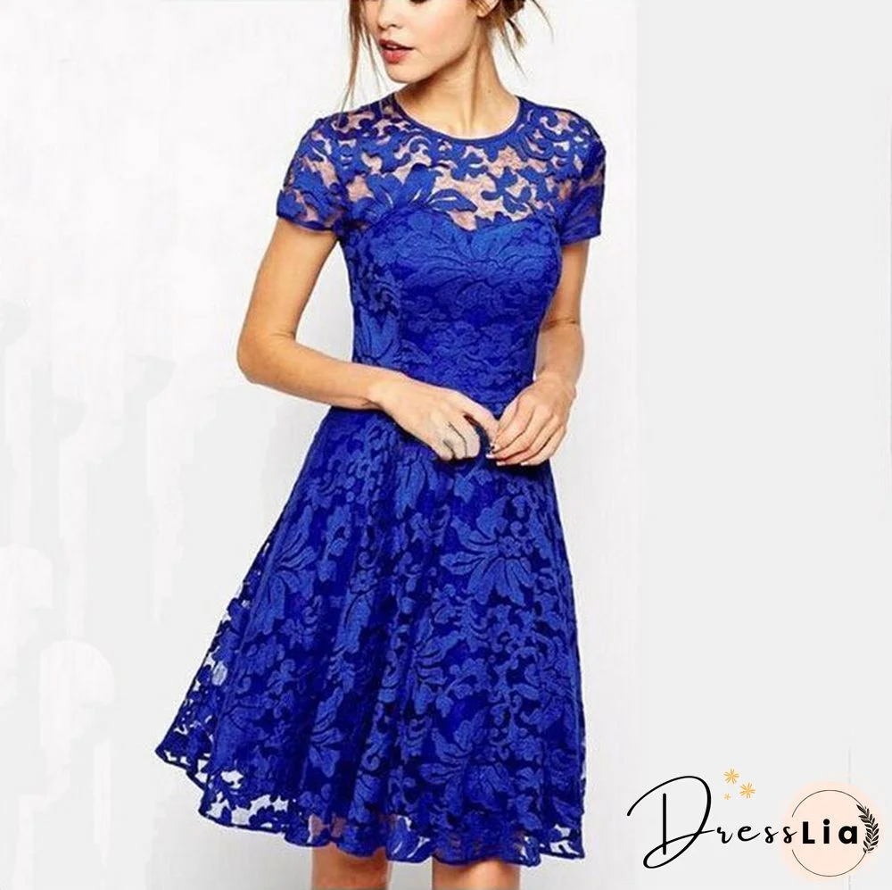 5XL Plus Size Dress Fashion Women Elegant Sweet Hallow Out Lace Dress Sexy Party Princess Slim Summer Dresses Vestidos Red Blue