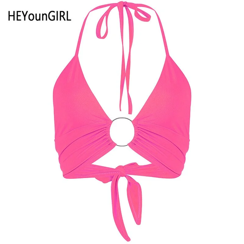 Ueong HEYounGIRL Halter Backless Sexy Crop Tank Top Women Fashion Bandage Camisole Clubwear Sleeveless Croptop Streetwear Summer Patry