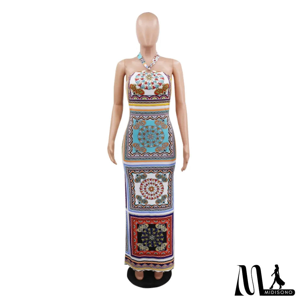 MidiSono - Print Low Back Sexy Slit Halter Long African Dress