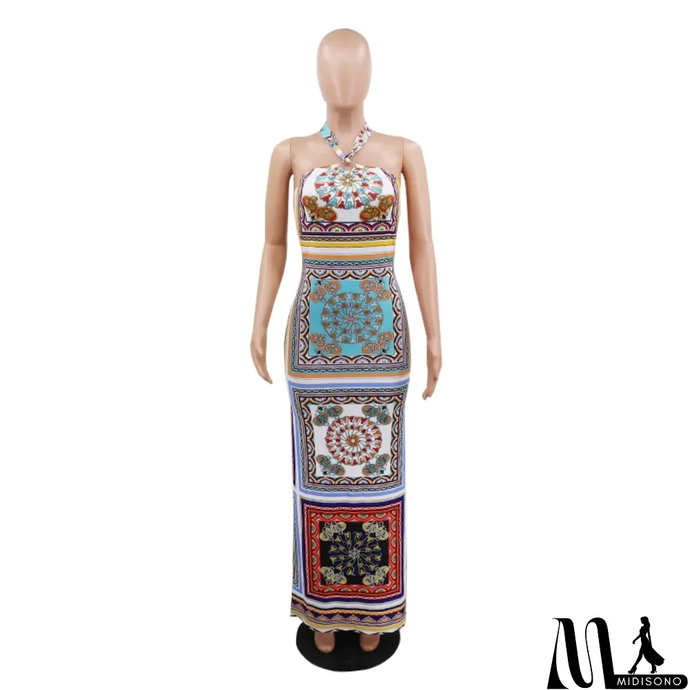 MidiSono - Print Low Back Sexy Slit Halter Long African Dress