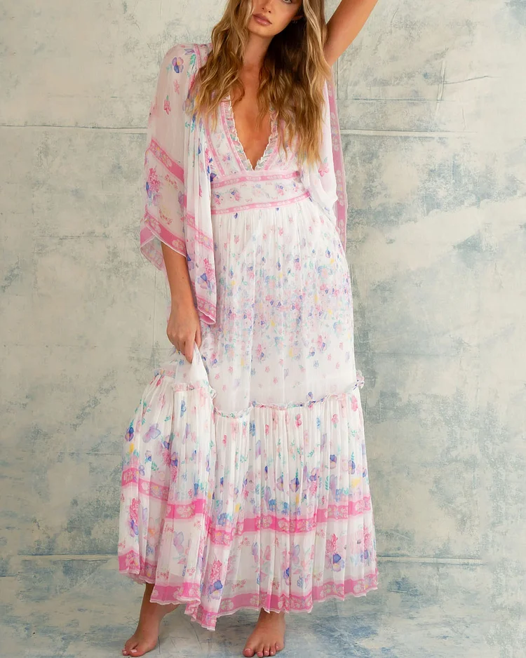 Romantic Floral Print Kimono Sleeves & Our Deep V-neck Ruffle Chiffon Maxi Dress