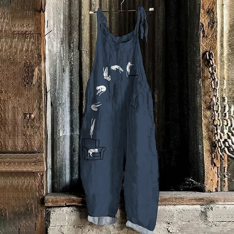 Art Cat Print Loose Casual Jumpsuit