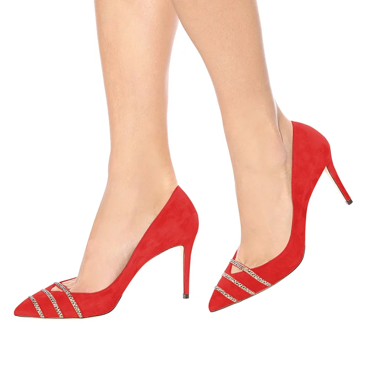 Red Rhinestones Stiletto Heels Pumps for Office Lady |FSJ Shoes