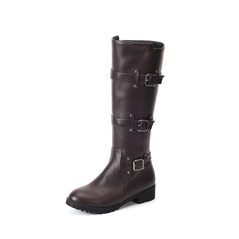 GOOSHOE Three Row Metal Belt Square Buckle Rivets Knight Boots Side Zipper Knee High Boots