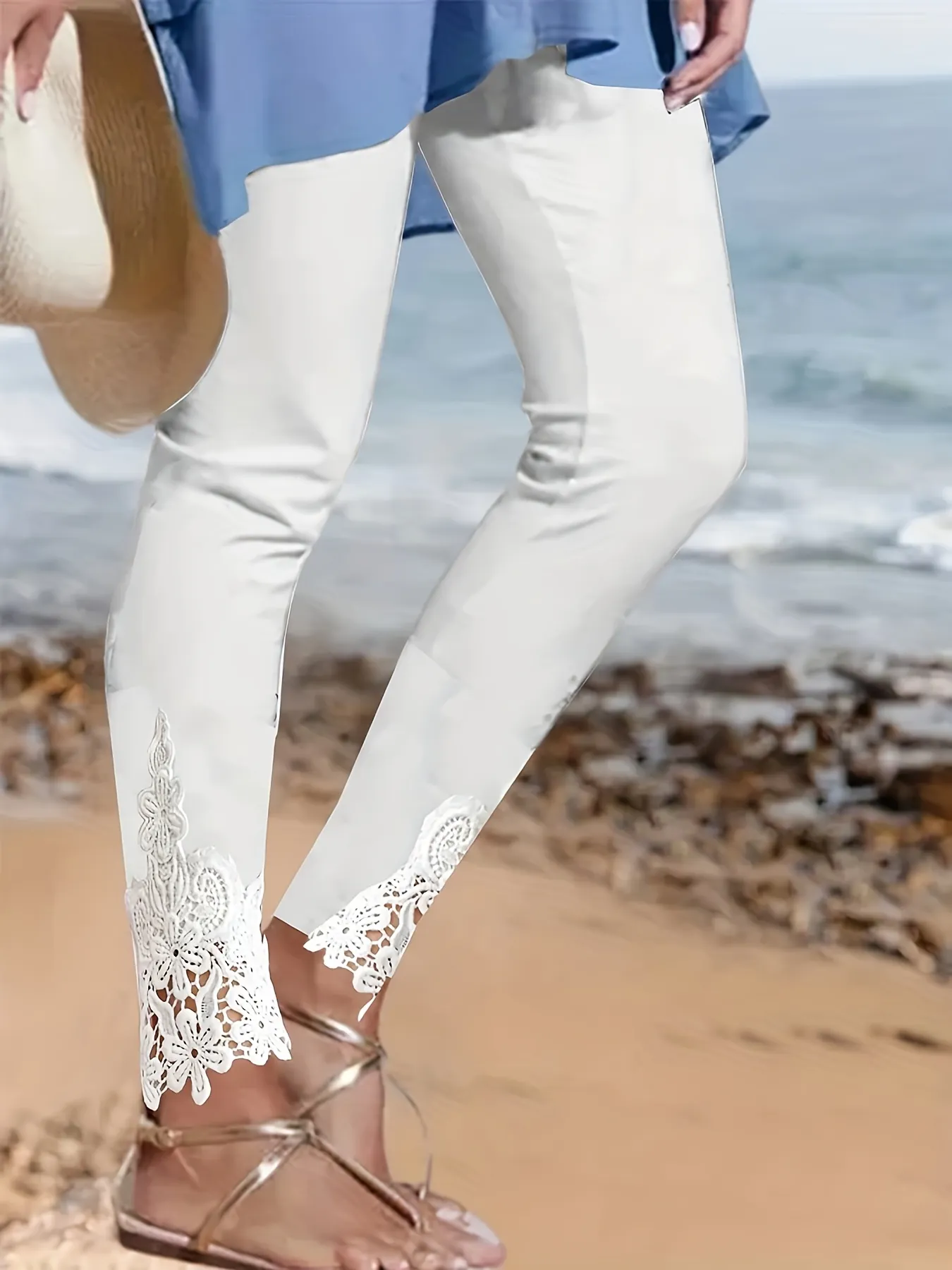 Comfy White High-Waisted Leggings Womens Stretch Polyester Blend With Lace Trim Elastic | IFYHOME