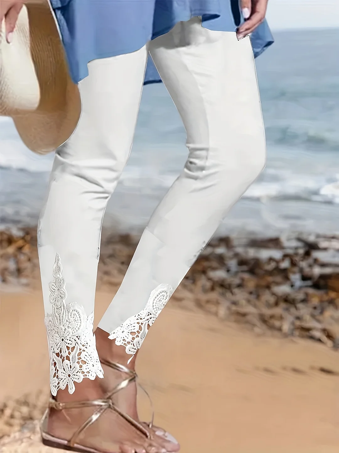 Comfortable White High-Waisted Leggings | Women's Stretch Polyester Blend With Lace Trim, Elastic Waistband, Machine Washable, All-Season Casual Wear | IFYHOME