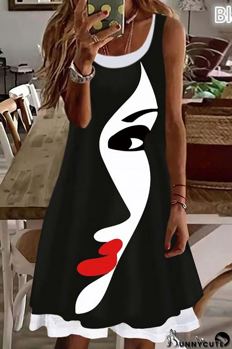 Black Casual Print Patchwork U Neck Vest Dress Dresses