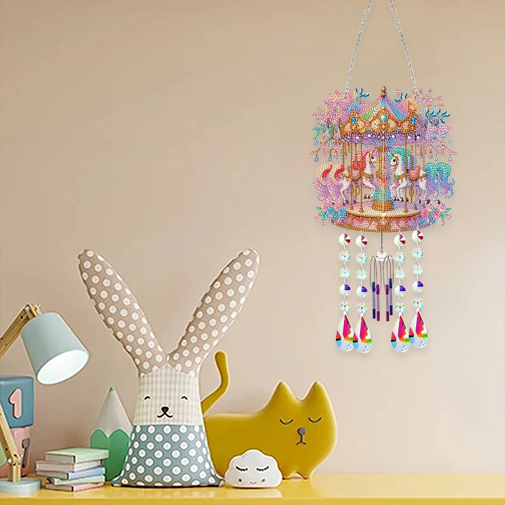 Double Sided Merry-Go-Round 5D DIY Crystal Rhinestone Wind Bell for Wall Decor