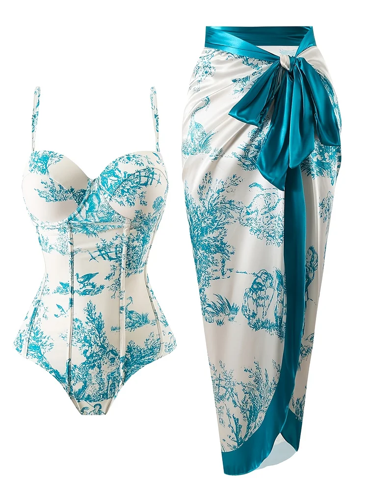 Sunscreen Suit Light Blue Printed Fish Tail Style Slim Fit, Retro Elegant Beach Vacation Two-Piece Swimsuit For Women