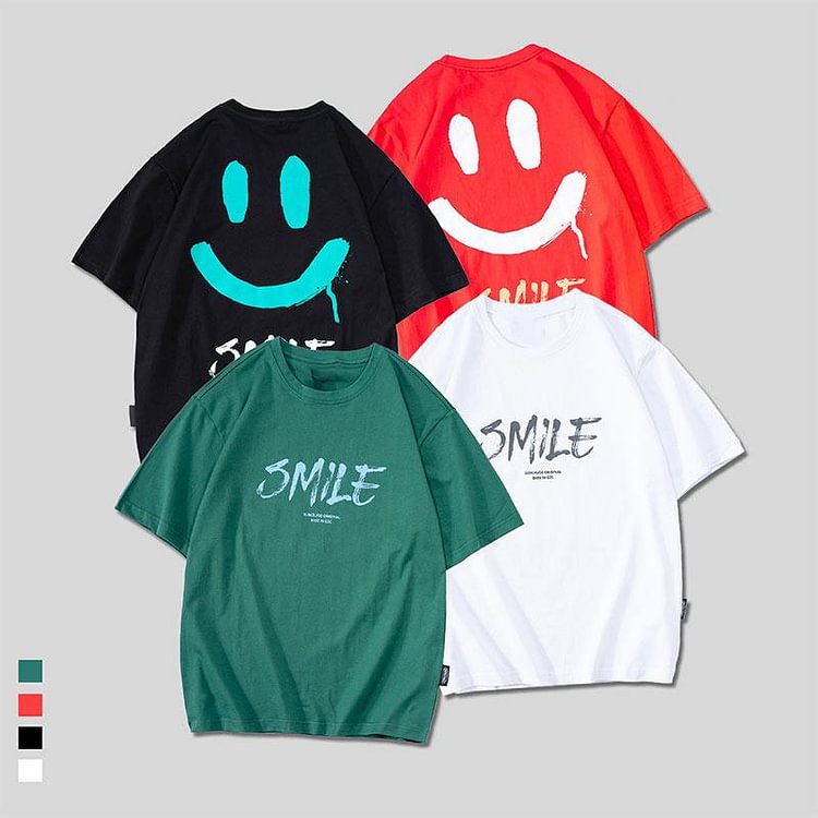 Smile Letter Print Crew Neck Loose T-shirt - Modakawa Modakawa