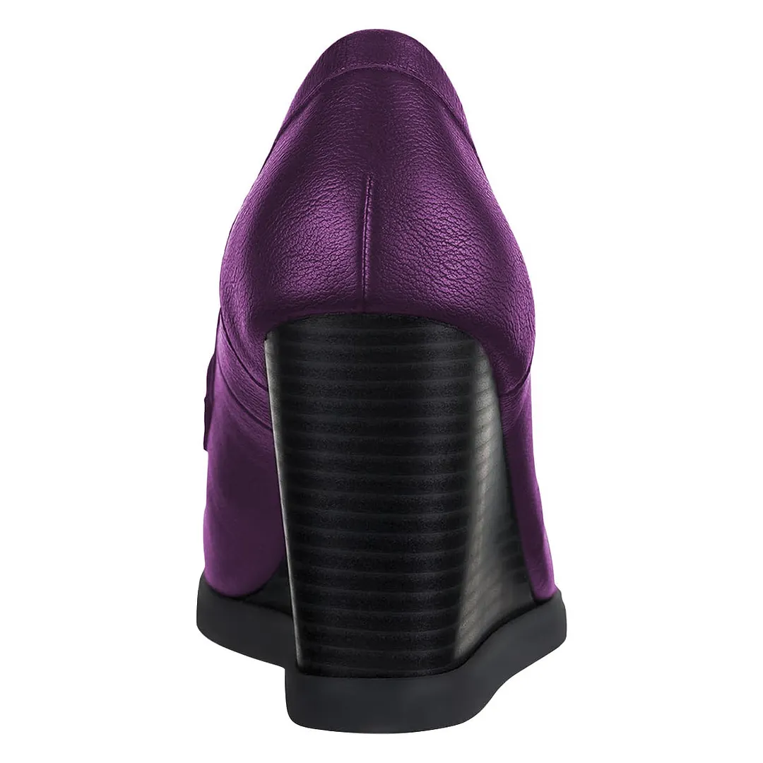 Metallic Dark Purple Round Toe Platform Heel Women's Loafers