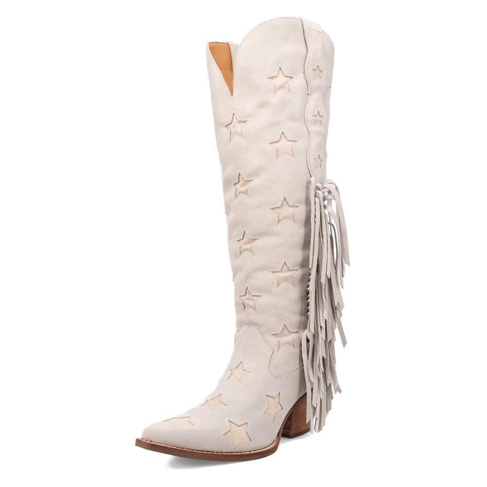 Beige Snip Toe Chunky Heel Fringe Knee-High Cowboy Boots for Women Nicepairs