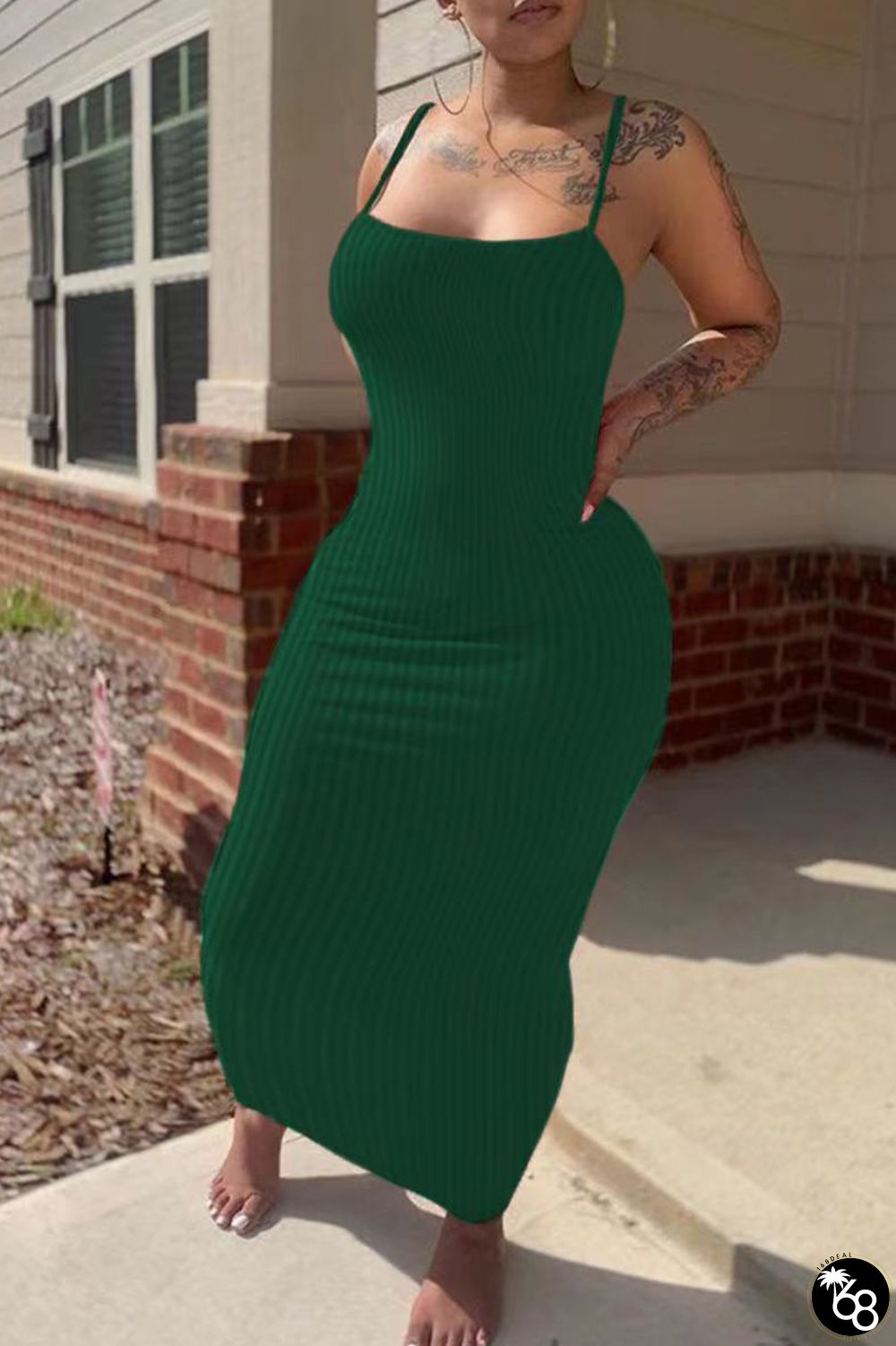 Green Sexy Solid Patchwork Spaghetti Strap Pencil Skirt Plus Size Dresses | 168DEAL