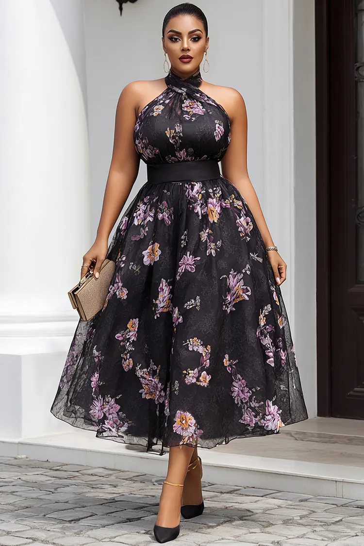 Xpluswear Design Plus Size Wedding Guest Black Floral Halter Collar Chiffon Midi Dresses [Pre-Order] 2024 - Xpluswear