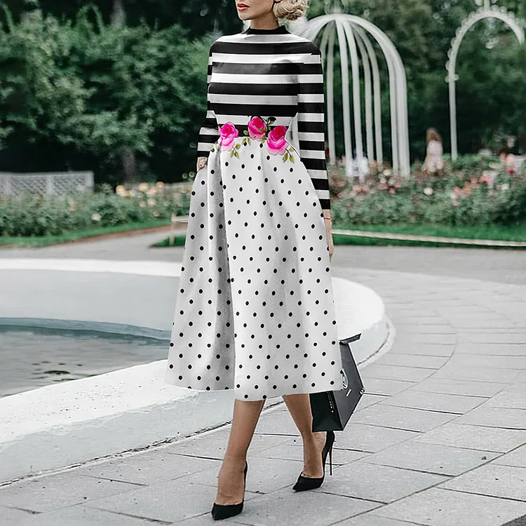 Vefave Striped Floral Polka Dot Print Midi Dress