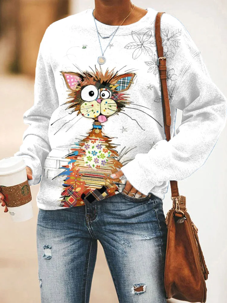Funny Cat Print Casual Simple Sweatshirt