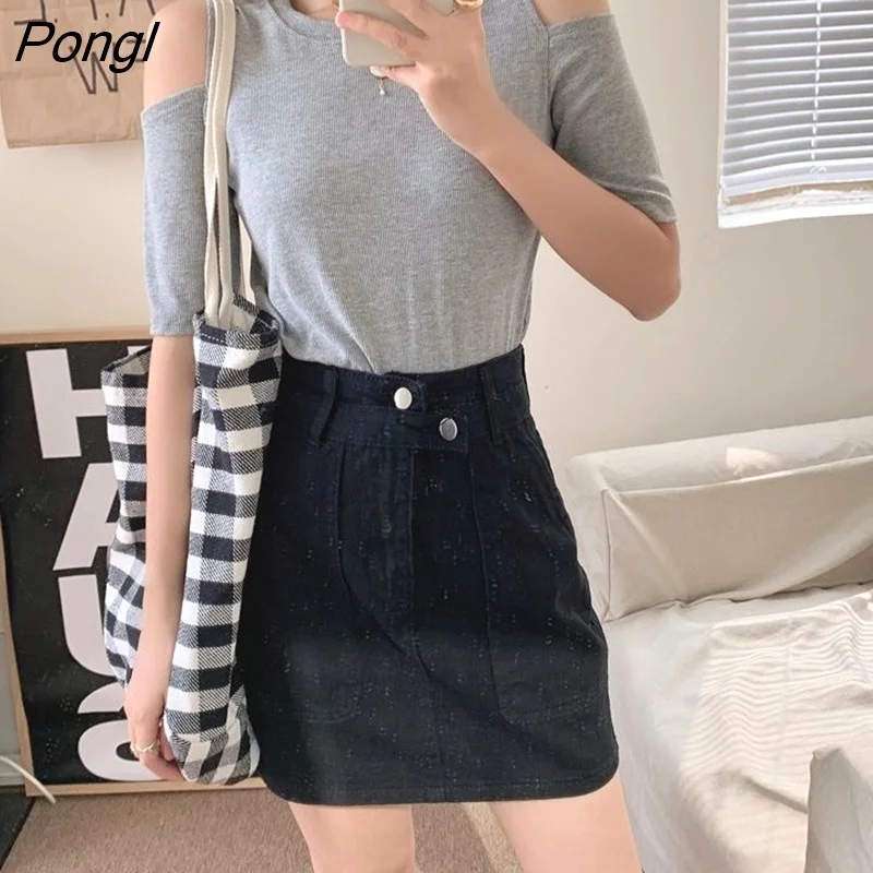 Pongl Summer Slim T-shirt Women Shoulder Off Short Sleeve Korean Fashion Tee Shirt Femme Knit Sexy Free Shipping Tshirt Woman Top