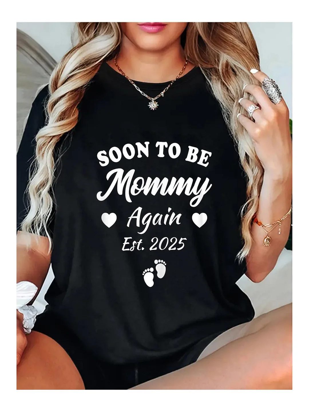 Maternity T-Shirt Black Soon To Be Mommy Again Est. 2025 Graphic Tee For Pregnancy Announcement - Cute Anime Print, Short Sleeve, Crew Neck, Regular Fit, Spring/Summer/Fall, Maternity Clothe | IFYHOME