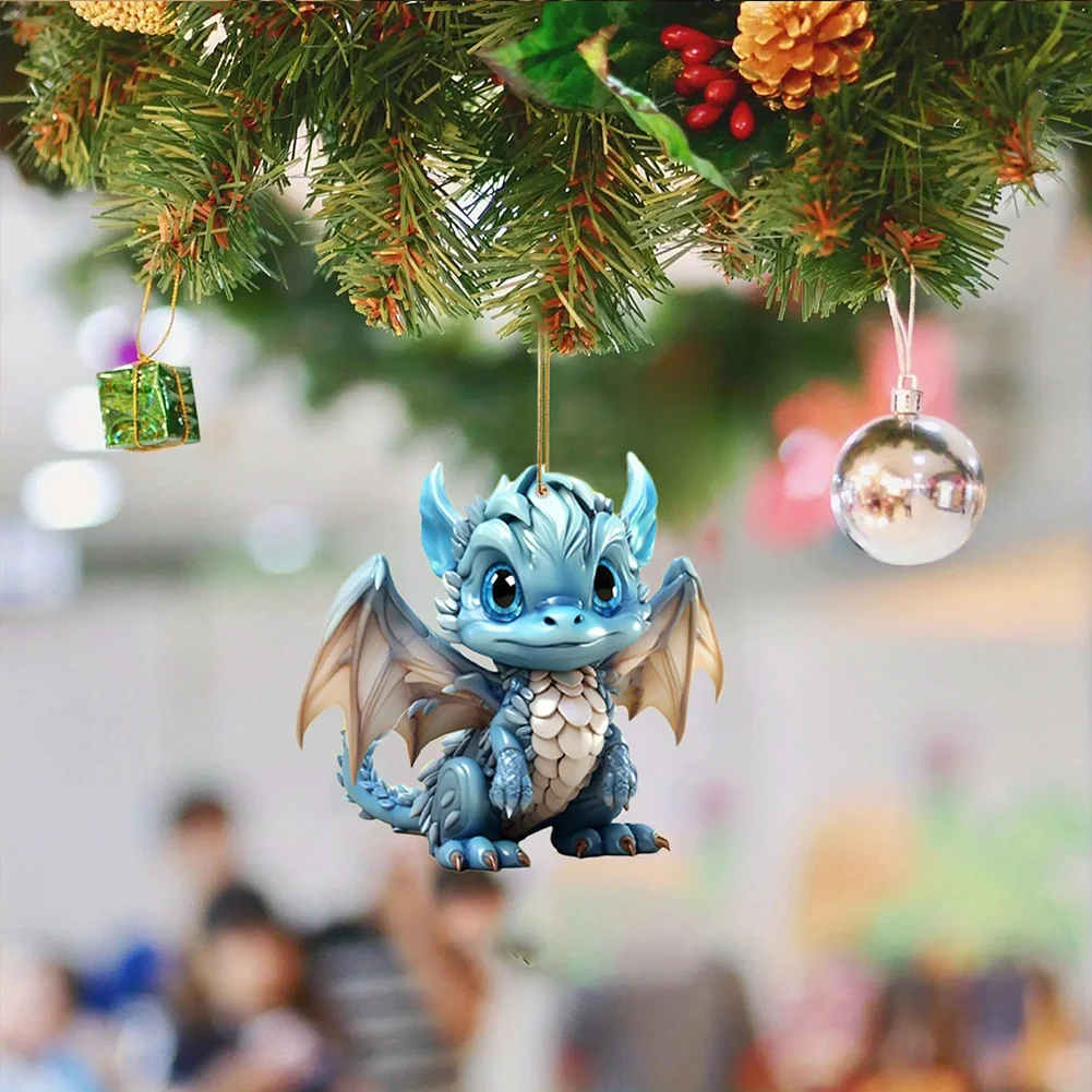 2 PCS Acrylic Flying Dragon Baby 2D Flat Dinosaur Xmas Tree Hangings Ornament