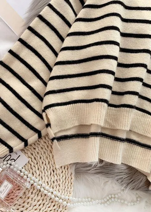Fashion beige striped sweaters trendy plus size o neck low high design Sweater Blouse