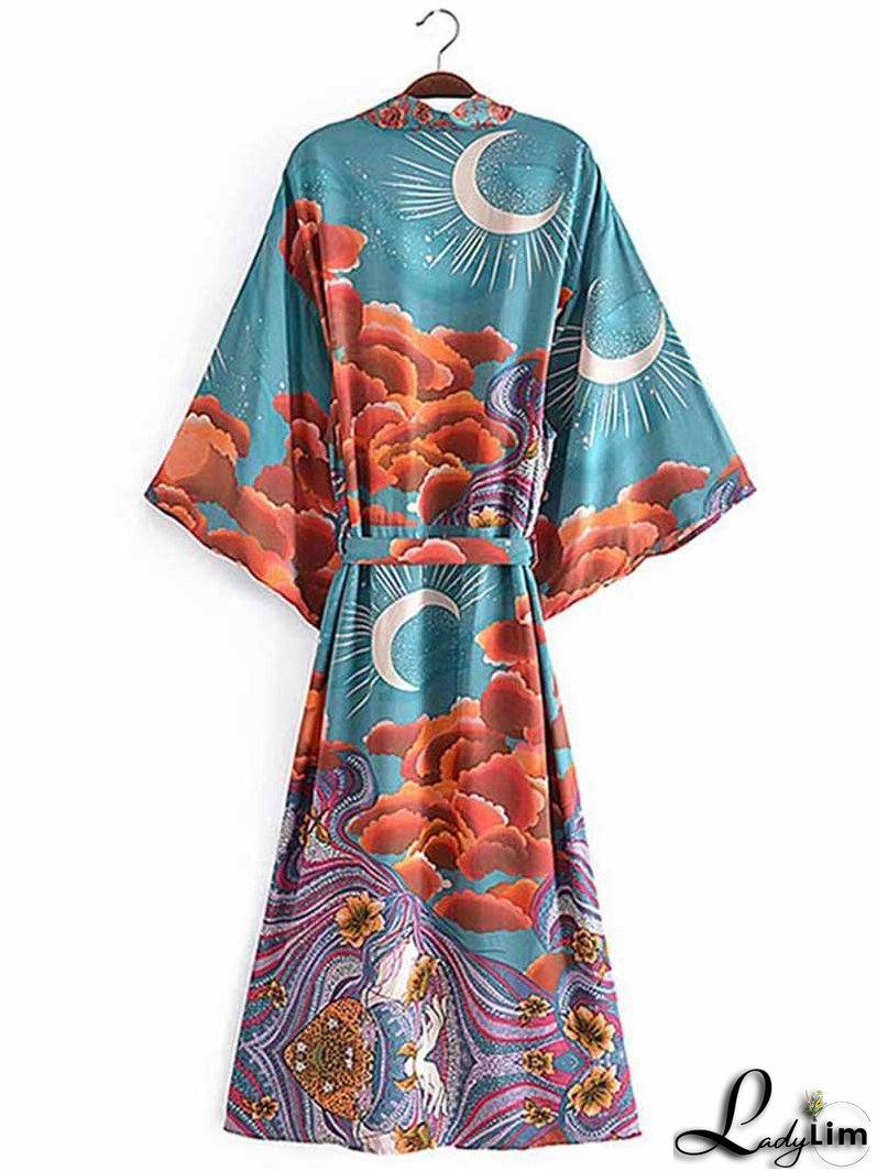 Partywear Floral With Moon Print Green Color Silk Long Length Gown Kimono Duster Robe