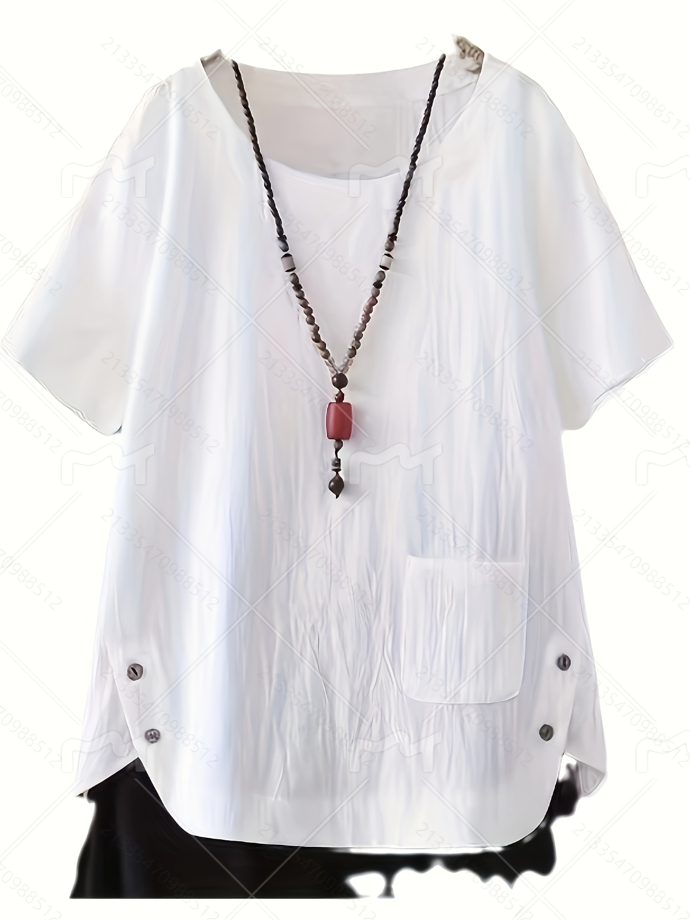 Plus Size - Women's Plus Size Casual Summer T-Shirt - Light Blue, Short Sleeve, Loose Fit With Pockets, Non-Stretch Fabric, Vintage Style, Perfect For Weekend Outings, Relaxed Outing Top | Vintage Style Top | Nonstretch Fabric | IFYHOME