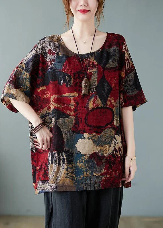 Plus Size Red O Neck Print Patchwork Cotton T Shirt Summer